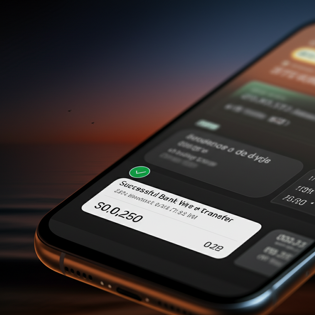 Bank wire transfer confirmation on a phone